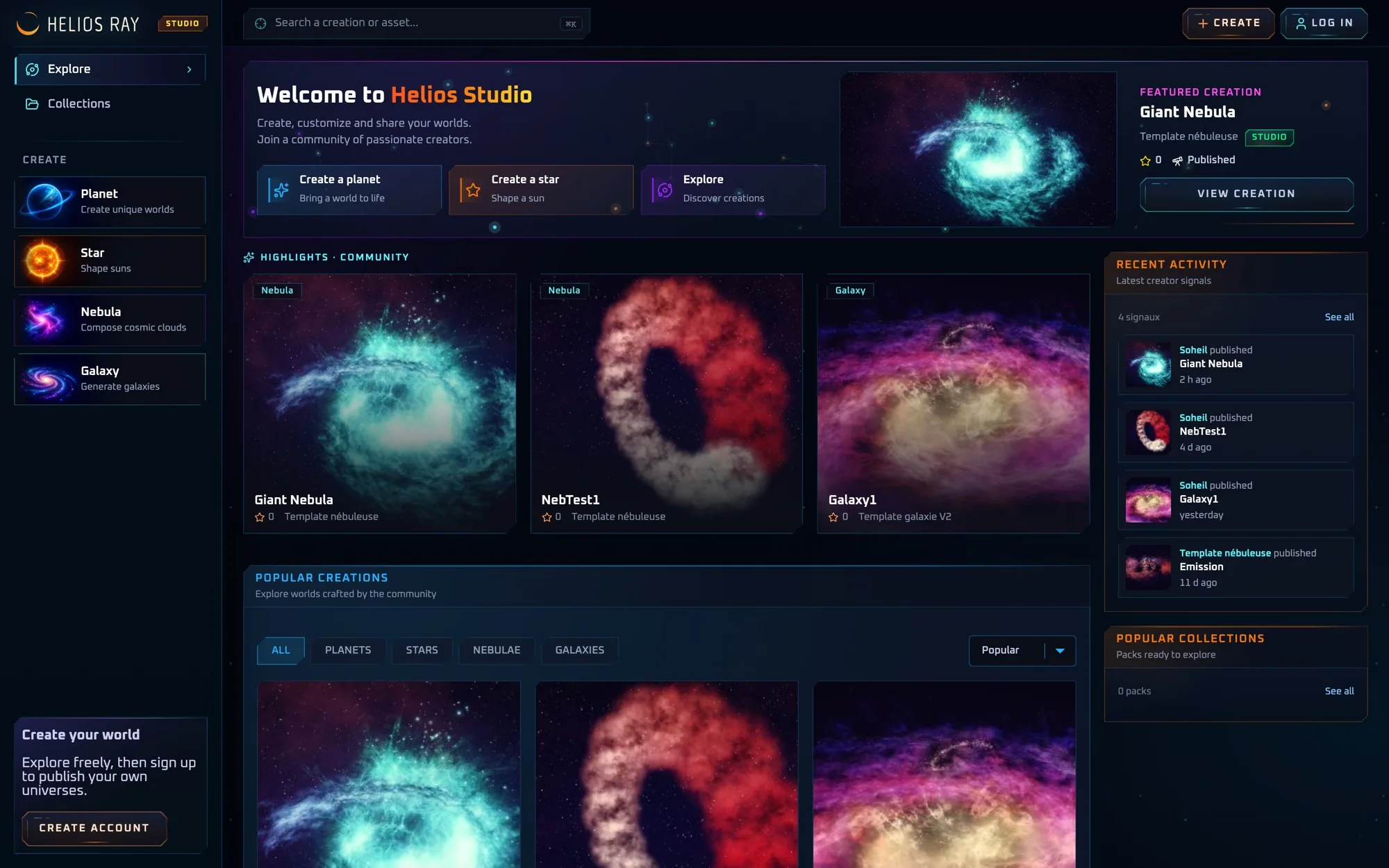 Studio Helios Ray : galerie de nébuleuses et de galaxies créées par la communauté, avec les outils de création dans la colonne de gauche.