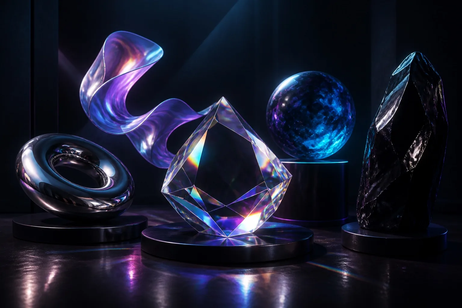 Volumes de verre prismatiques posés sur des socles sombres, traversés de reflets irisés violets et bleus.