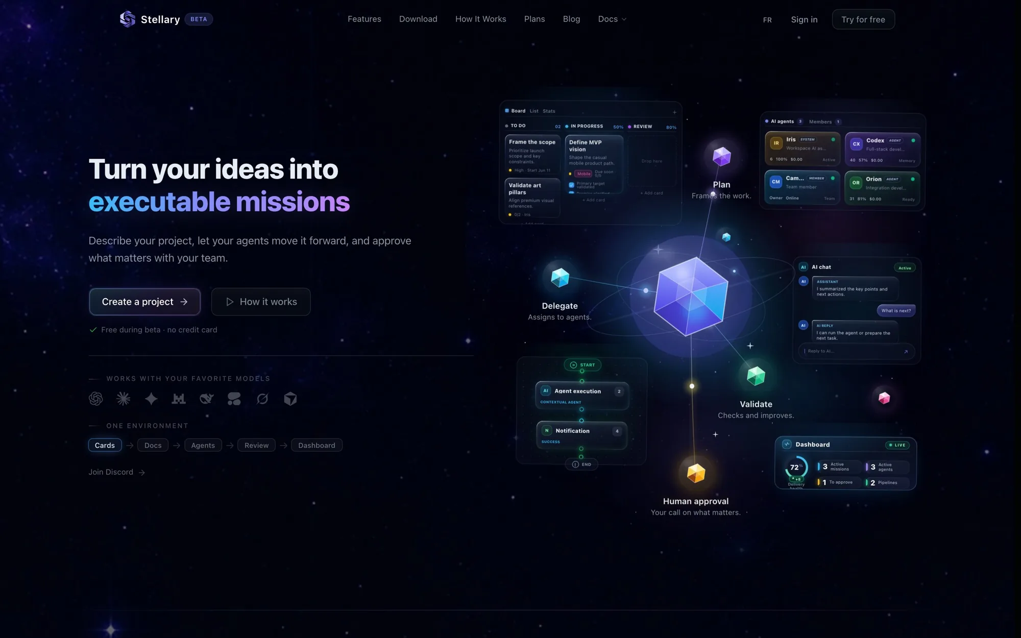 Interface de Stellary : tableau de bord, agents IA, flux de mission et chat, disposés autour du cristal de la marque.